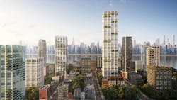 SOM presented its “Urban Sequoias” concept (how buildings can absorb carbon) at the UN COP26 conference. Rendering © SOM | Miysis SOM presented its “Urban Sequoias” concept (how buildings can absorb carbon) at the UN COP26 conference. Rendering © SOM | Miysis