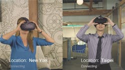 Two people meeting in a VR workspace from across the world