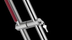 A close up view of a single motion unlocking door pull