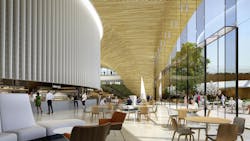 rendering of ground floor. people sit at tables rendering of ground floor. people sit at tables