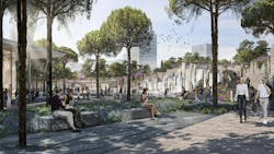 Rendering of a section of the park where people sit on stone benches and walk through a stone plaza with a large water feature and trees Rendering of a section of the park where people sit on stone benches and walk through a stone plaza with a large water feature and trees
