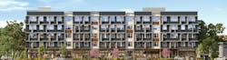 Multifamily development rendering with front view of building