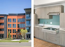 Multifamily sustainable development exterior and interior kitchen