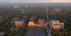 HUB 32 multifamily, mixed-use development rendering aerial shot