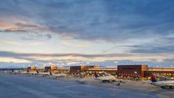 SLC International Airport exterior at sunset