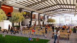 Dink & Dine is a &ldquo;sportstainment&rdquo; venue that combines culinary offerings with indoor and outdoor pickleball courts. Rendering courtesy AO