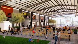 Dink & Dine is a “sportstainment” venue that combines culinary offerings with indoor and outdoor pickleball courts. Rendering courtesy AO Dink & Dine is a “sportstainment” venue that combines culinary offerings with indoor and outdoor pickleball courts. Rendering courtesy AO