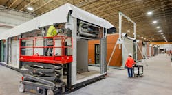 Volumetric structural modules under construction at Bildt&rsquo;s fabrication facility in Oshkosh, Wis. The modules comprise a permanent in-patient expansion for a hospital in Minnesota.