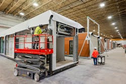 Volumetric structural modules under construction at Bildt&rsquo;s fabrication facility in Oshkosh, Wis. The modules comprise a permanent in-patient expansion for a hospital in Minnesota.