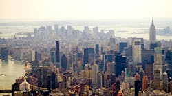 An aerial view of the Manhattan skyline and the Empire State Building in New York City.