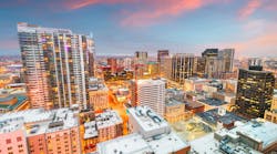 Denver, Colorado, USA Cityscape. Denver, Colorado, USA downtown cityscape rooftop view at dusk