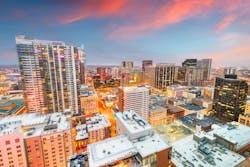 Denver, Colorado, USA Cityscape. Denver, Colorado, USA downtown cityscape rooftop view at dusk