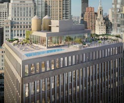 55 Broad Street, New York, N.Y. At the rooftop level, the existing mechanical plant has been removed, with floor area reallocated for a new addition that holds a resident lounge with sweeping skyline and river views