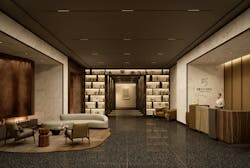 55 Broad Street, New York, N.Y. The entry lobby incorporates existing elements such as terrazzo flooring, but is also adapted to suit the realities of residential use&mdash;for instance, a number of elevators have been eliminated given the different demands of office and apartment buildings