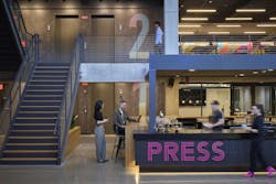 Southline, Dorchester, Mass. Southline&rsquo;s caf&eacute; by day, bar by night called &ldquo;Press&rdquo; as an homage to the space&rsquo;s former life as the Boston Globe HQ