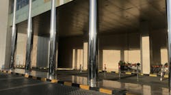 Concrete filled stainless steel finished tubular columns in an entrance of an Big shopping mall construction exterior finishes for an lucrative finishes