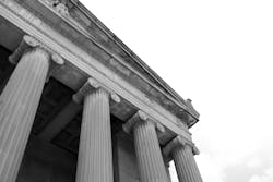 Exterior view of government building Stambaugh Auditorium in Youngstown, Ohio in monochrome