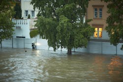 Fire brigade have been putting up metal flood barriers. Flood in Prague, Czech Republic.
