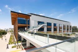 A second-floor bridge connects the new facility to the existing campus. Photo © LPA A second-floor bridge connects the new facility to the existing campus. Photo © LPA