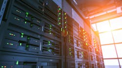 Server units in cloud service data center showing flickering light indicators for massive data connection bandwidth, close up shot