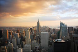 New York City skyline aerial view at dusk.