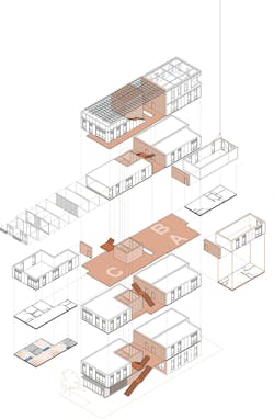 A modular system meets Passive House design&mdash;each unit is precision-crafted off-site, assembled like a plug-and-play kit, seamlessly connecting to the structural framework and stair system. Rendering courtesy Page