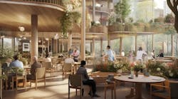 This imagined social hub is a vibrant and nature-enriched area within a facility, designed for engaging social activities among older residents. (Image generated by Midjourney). AI rendering courtesy CannonDesign