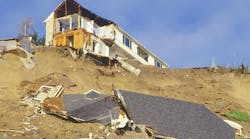 A home in Pacific Palisades partially fallen down a hill as a result of the Northridge earthquake in 1994