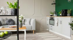 Empty green wall with copy space in elegant kitchen with white furniture,plants and coffee machine in stylish small micro-apartment with grey couch