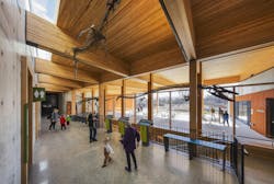 Pictured: The main lobby and covered porch at the Jean & Ric Edelman Fossil Park & Museum of Rowan University. Photo &copy; Jeff Goldberg / Esto, courtesy Buro Happold