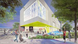 The front area of The FIeldhouse+ will include a cafe and terraced seating. The front area of The FIeldhouse+ will include a cafe and terraced seating.