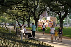 Discovery Green in Houston transformed a former parking lot into a vibrant, accessible green space, fostering community and sustainability. Photo &copy; Jim Olive