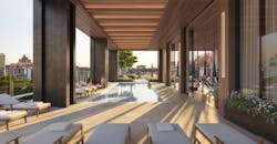 The pool area at The Edison is framed by mass timber components.