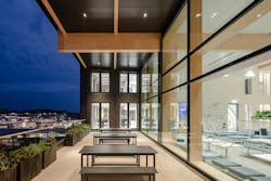 The timber elements are visible from the Sky Lounge terrace at EDGE Suedkreuz. Photo courtesy Buro Happold