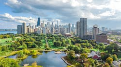 Chicago skyline aerial drone view from above, lake Michigan and city of Chicago downtown skyscrapers cityscape from Lincoln park, Illinois, USA